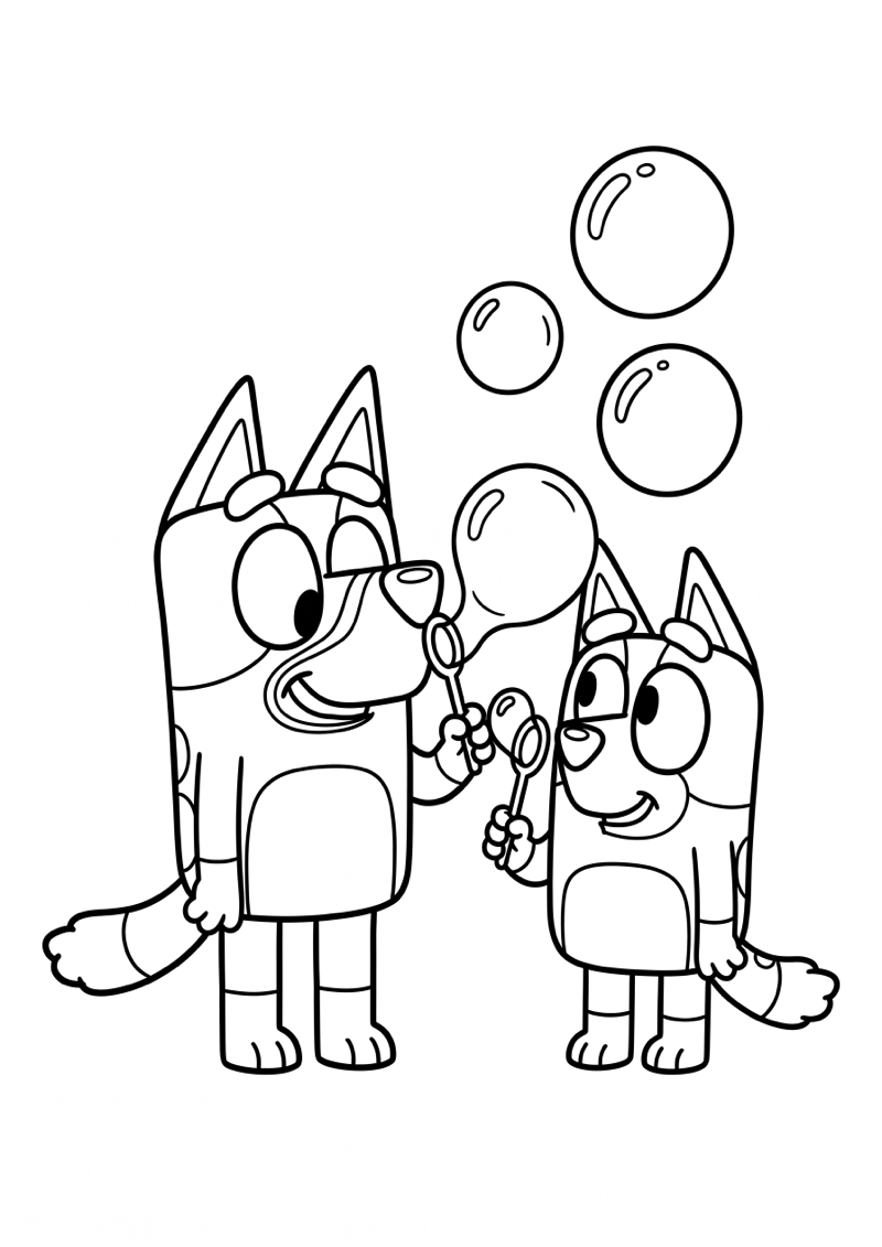 Bluey en Bingo Blazen Bellen Kleurplaat — gratis kleurplaat