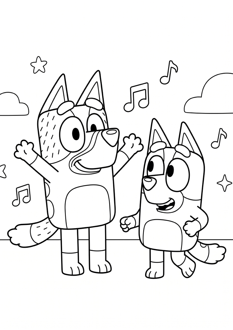 Bluey en Bingo Dansen Kleurplaat — gratis kleurplaat