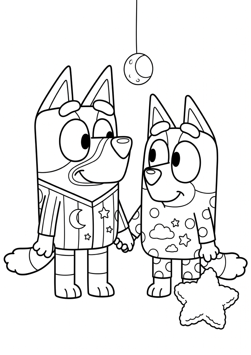 Bluey en Bingo in Pyjama Kleurplaat — gratis kleurplaat