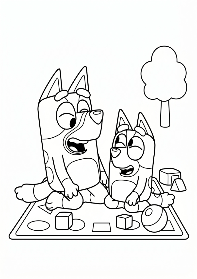 Bluey en Bingo Lachen op Speelkleed Kleurplaat — gratis kleurplaat