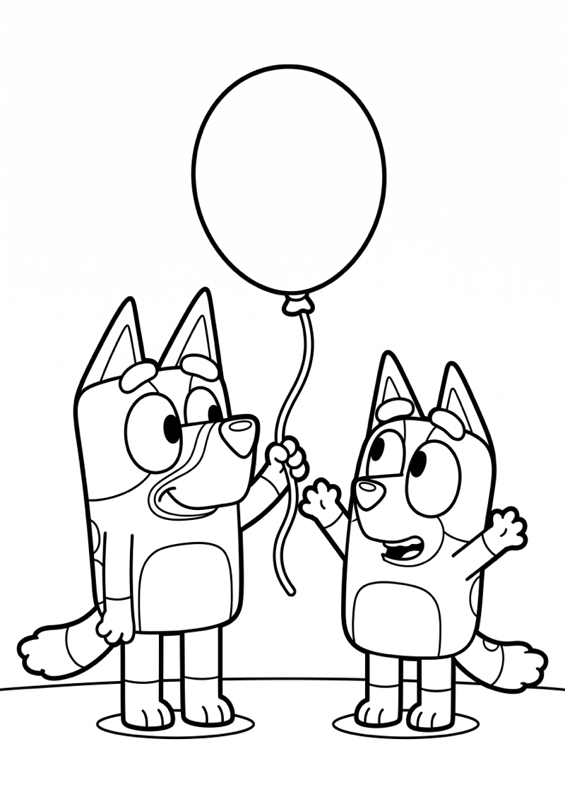 Bluey en Bingo met Ballon Kleurplaat — gratis kleurplaat