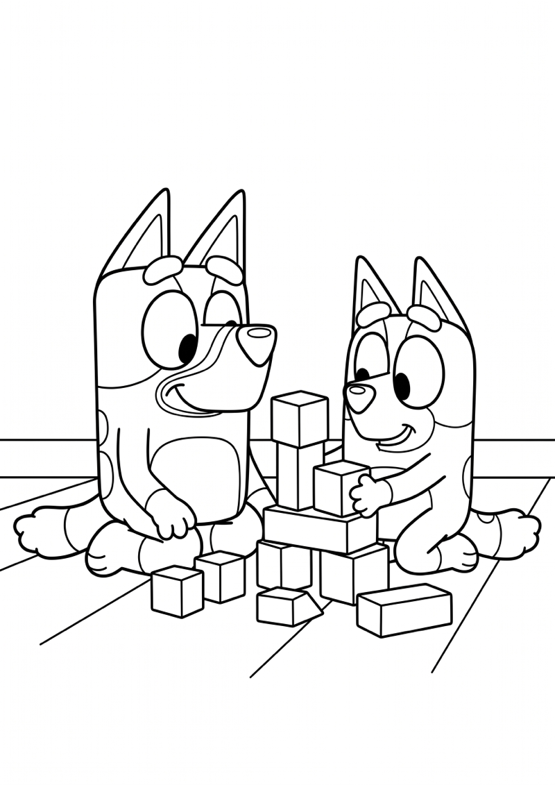 Bluey en Bingo Spelen op Vloer Kleurplaat — gratis kleurplaat