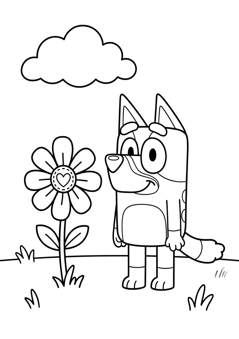 Bluey in Tuin met Bloem en Wolk Kleurplaat — gratis kleurplaat