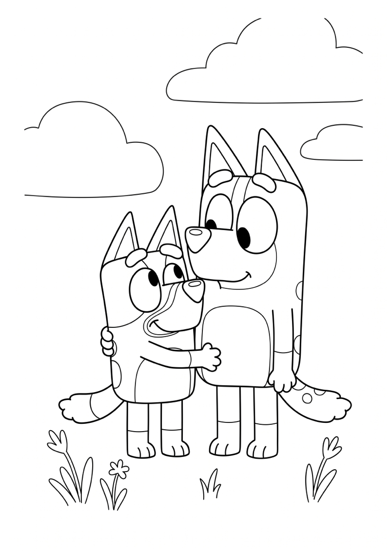 Bluey met Moeder Gezinsmoment Kleurplaat — gratis kleurplaat