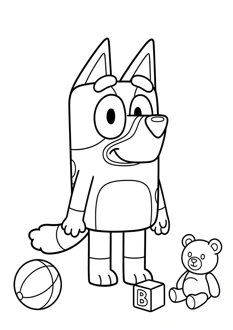 Bluey met Speelgoed om Haar Heen Kleurplaat — gratis kleurplaat