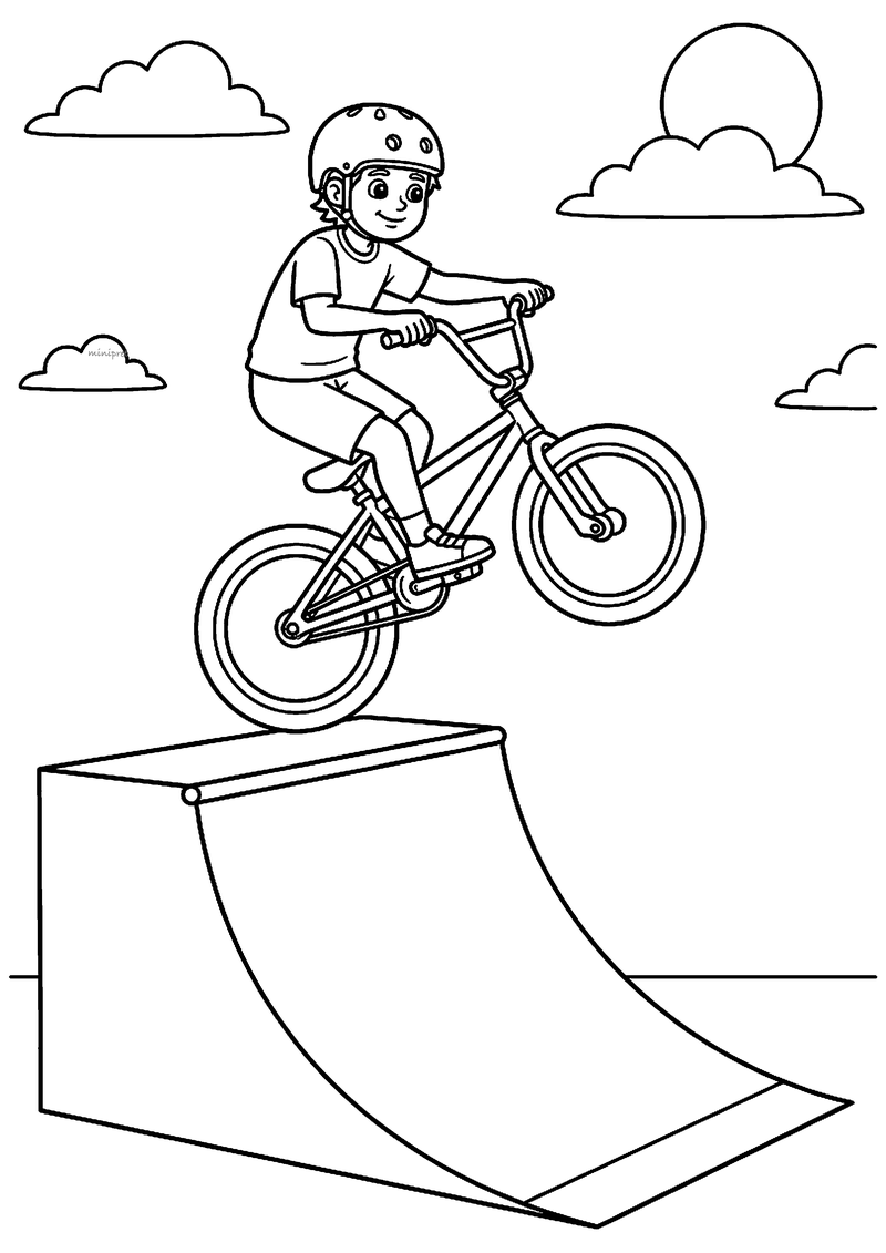 Kleurplaat van een jongen met helm die met zijn BMX-fiets hoog boven een halfpipe springt, met zon en wolken