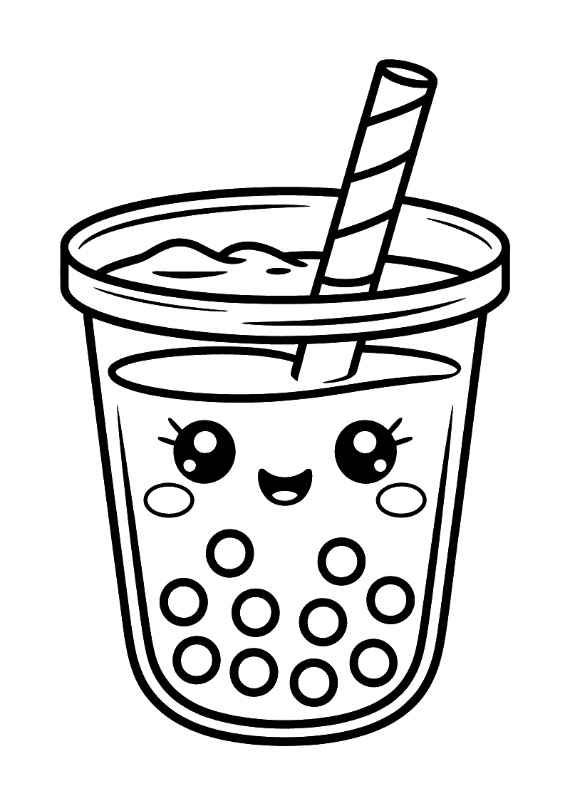 Kawaii kleurplaat van een lachend boba thee bekertje met een deksel en gestreept rietje, met grote bobabelletjes aan de 