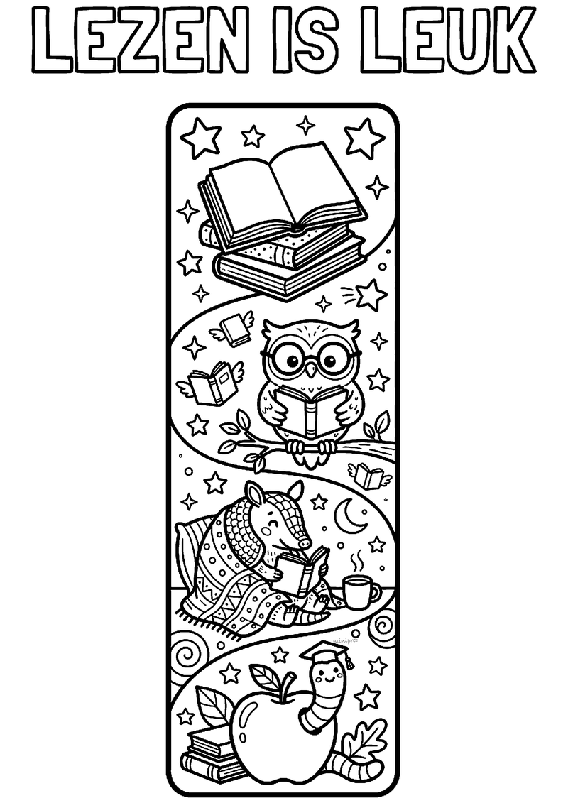 Lezen is leuk boekenlegger kleurplaat