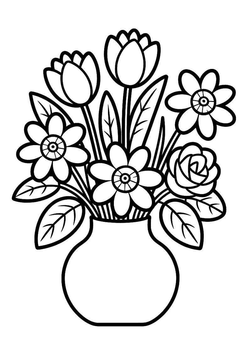 Kleurplaat van een ronde vaas gevuld met een boeket van tulpen, rozen, madeliefjes en andere lentebloemen