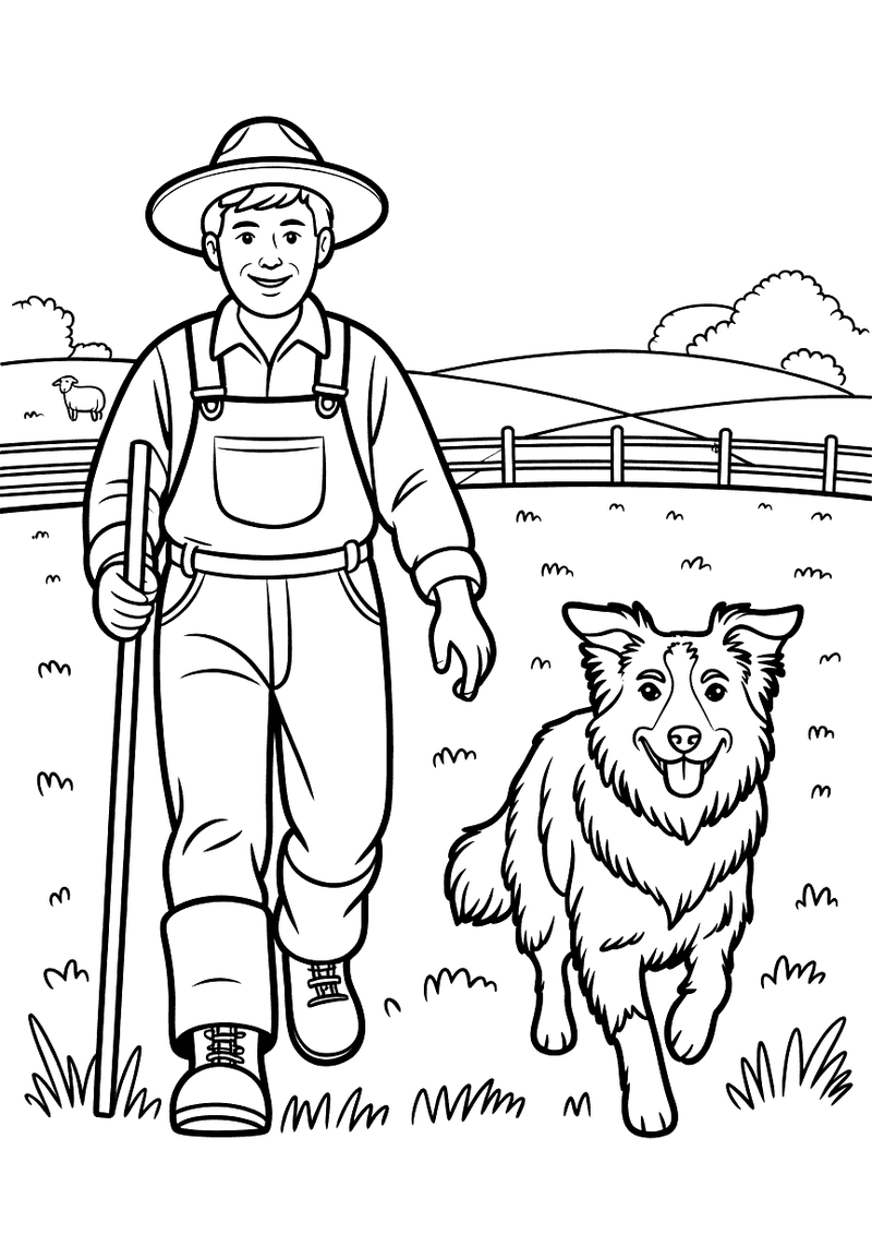 Kleurplaat van een boer in overall met een stok die naast zijn Border Collie loopt op een boerderijpad met hekken en heu