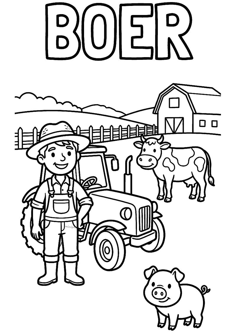 Kleurplaat van een boer met hoed en tuinbroek naast een tractor, met een koe, een varken, een hek en een schuur