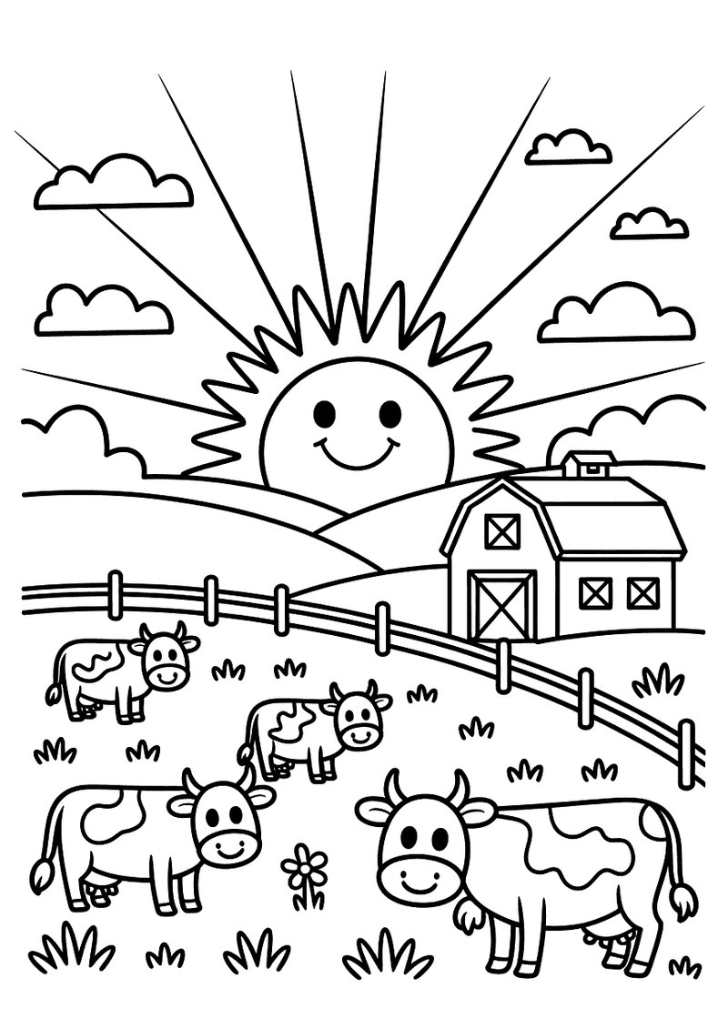 Kleurplaat van een boerderij bij zonsopkomst met een koe die gemolken wordt terwijl de zon opkomt