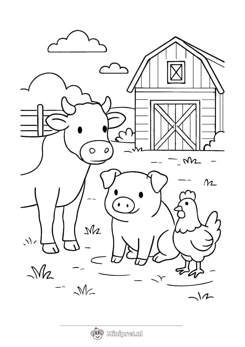 Boerderij met Koeien en Kippen kleurplaat — gratis kleurplaat