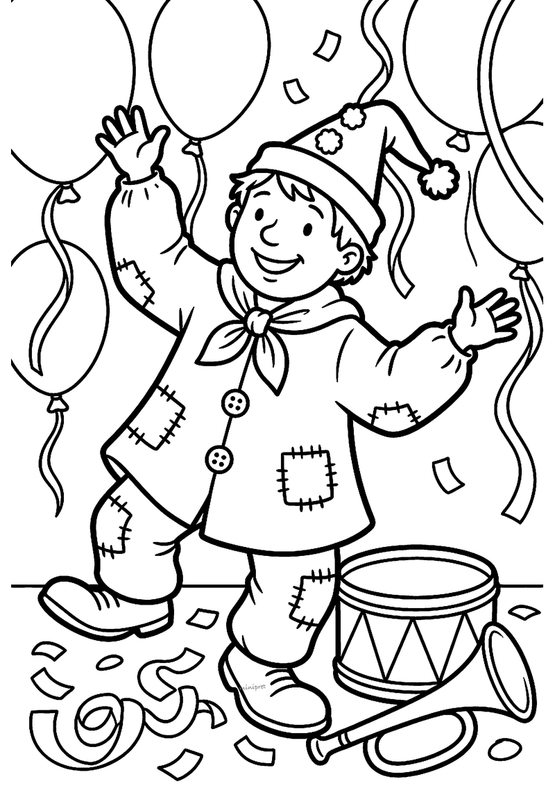 Kleurplaat van een jongen in een boerenkiel met zakdoek en puntmuts, ballonnen, confetti, een trom en een toeter
