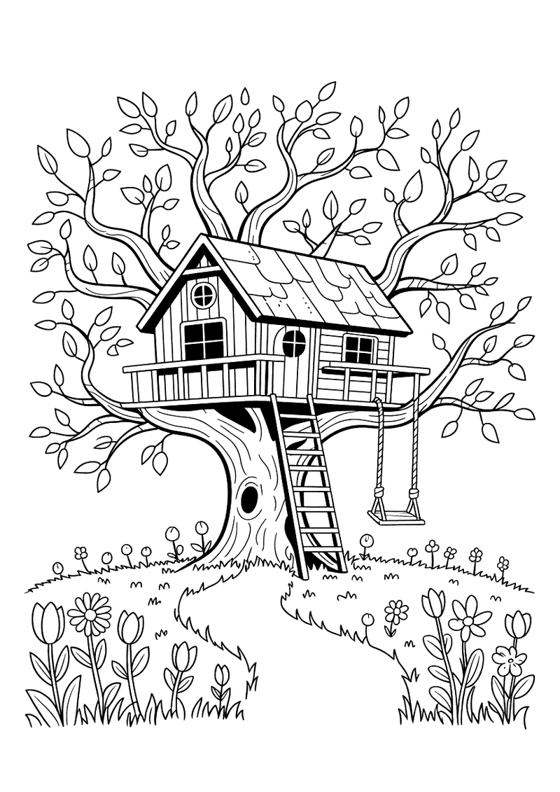 Kleurplaat van een houten boomhut hoog in een boom met een ladder, een schommel eraan en wilde bloemen op de voorgrond