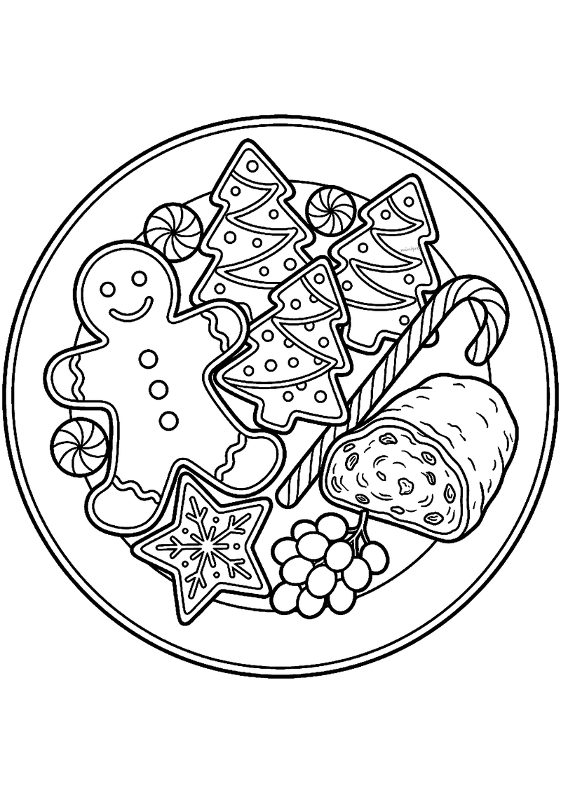 Kleurplaat van bord vol peperkoekmannetje, kerstboomkoekjes, sterkoek, zuurstok, plak kerststol en muntjes