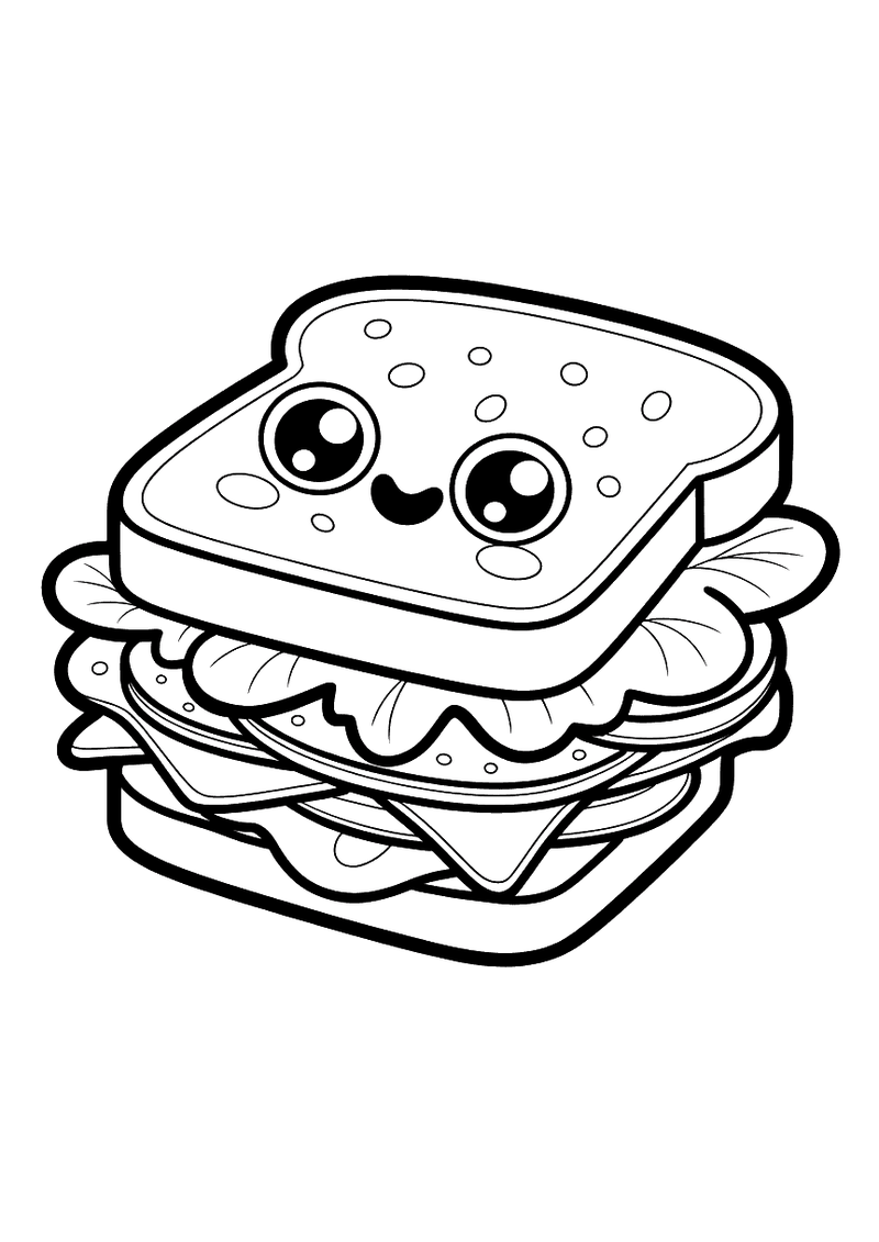 Kawaii kleurplaat van een lachende belegd broodje met grote ronde ogen op de bovenste boterham, met sla en beleg zichtba