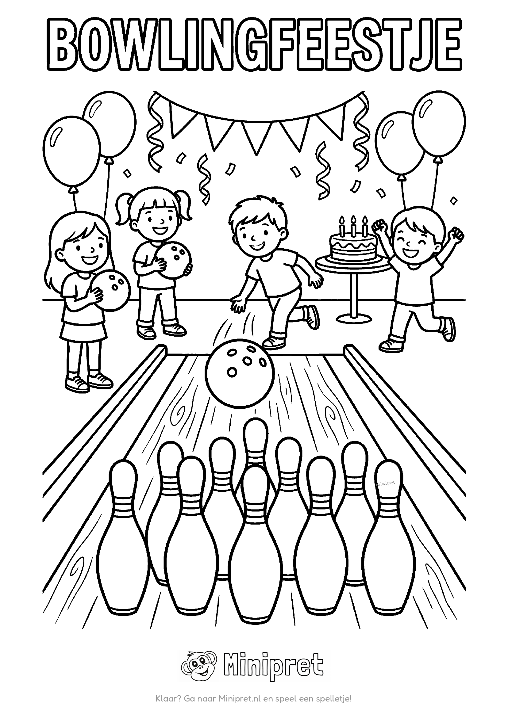 Bowlingfeestje kleurplaat — bowlingbaan met kegels, een bal en kinderen die juichen na een strike
