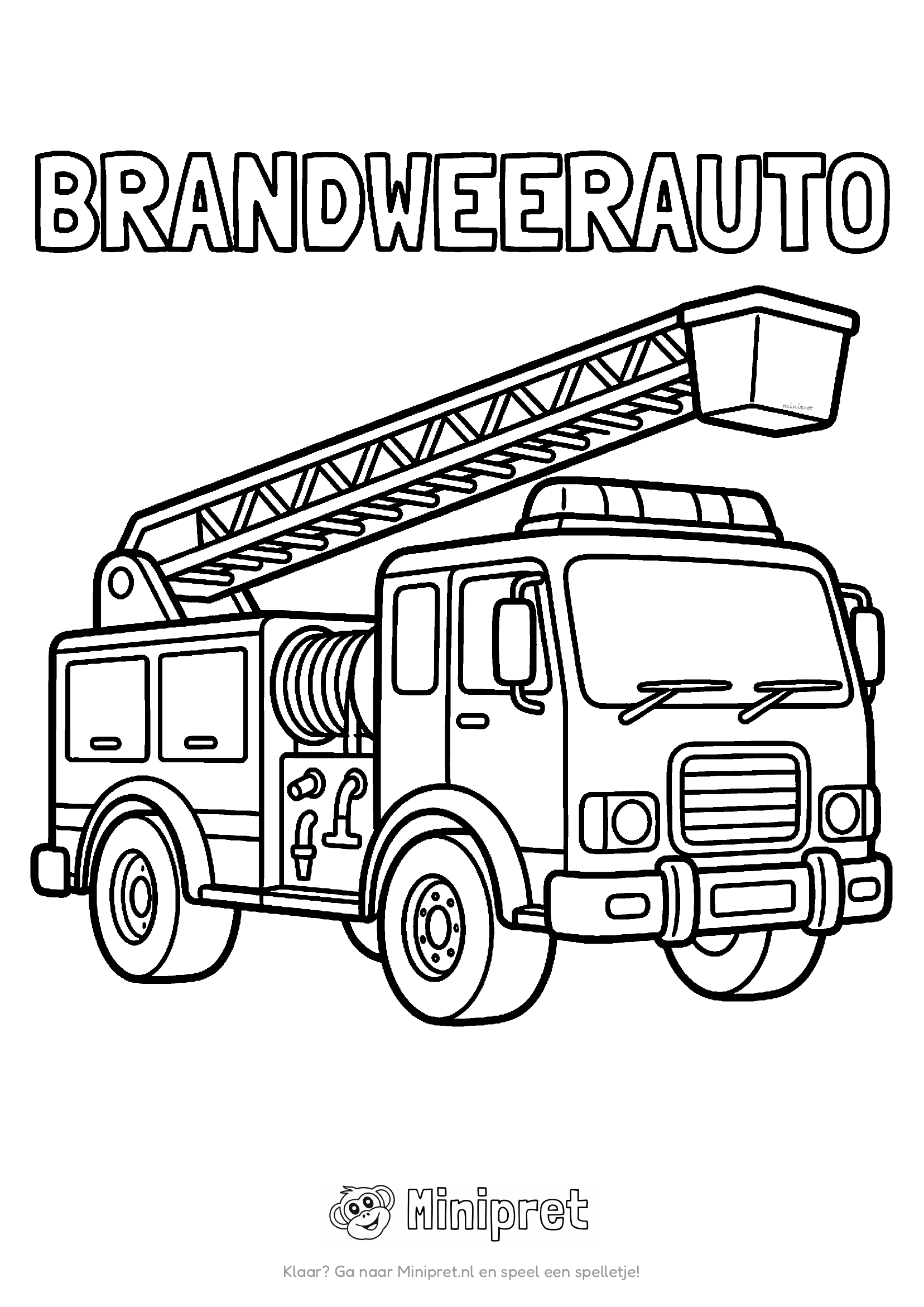 Realistische brandweerauto met grote uitgeschoven ladder en het woord BRANDWEERAUTO in dikke holle letters erboven