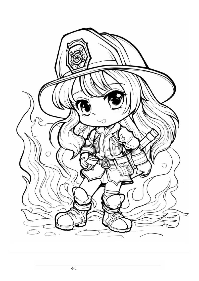 Brandweervrouw Chibi bij Vuur Kleurplaat — gratis kleurplaat