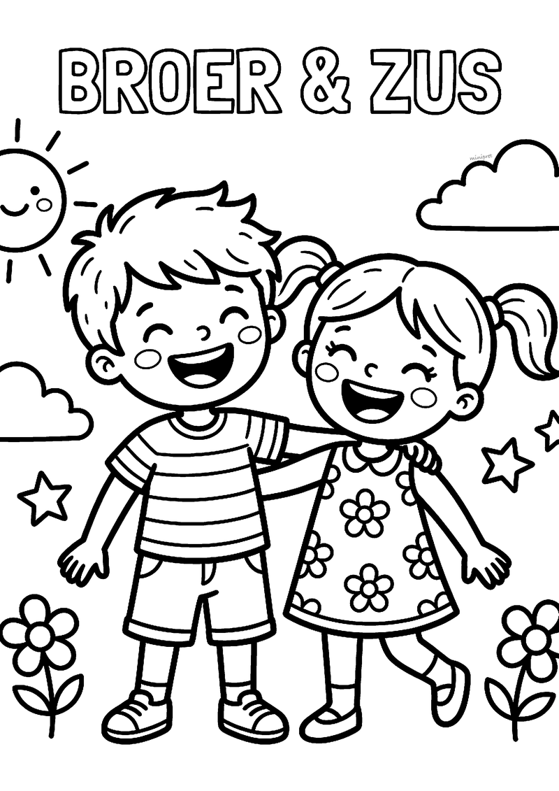 Kleurplaat van een lachende jongen en meisje met arm om elkaar heen, met zon, wolken, sterren en bloemen