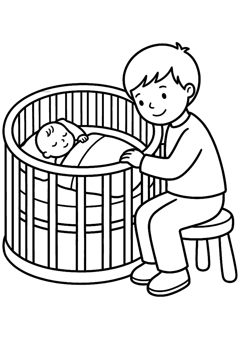 Kleurplaat van een jongen op een krukje naast een ronde wieg waarin een baby slaapt