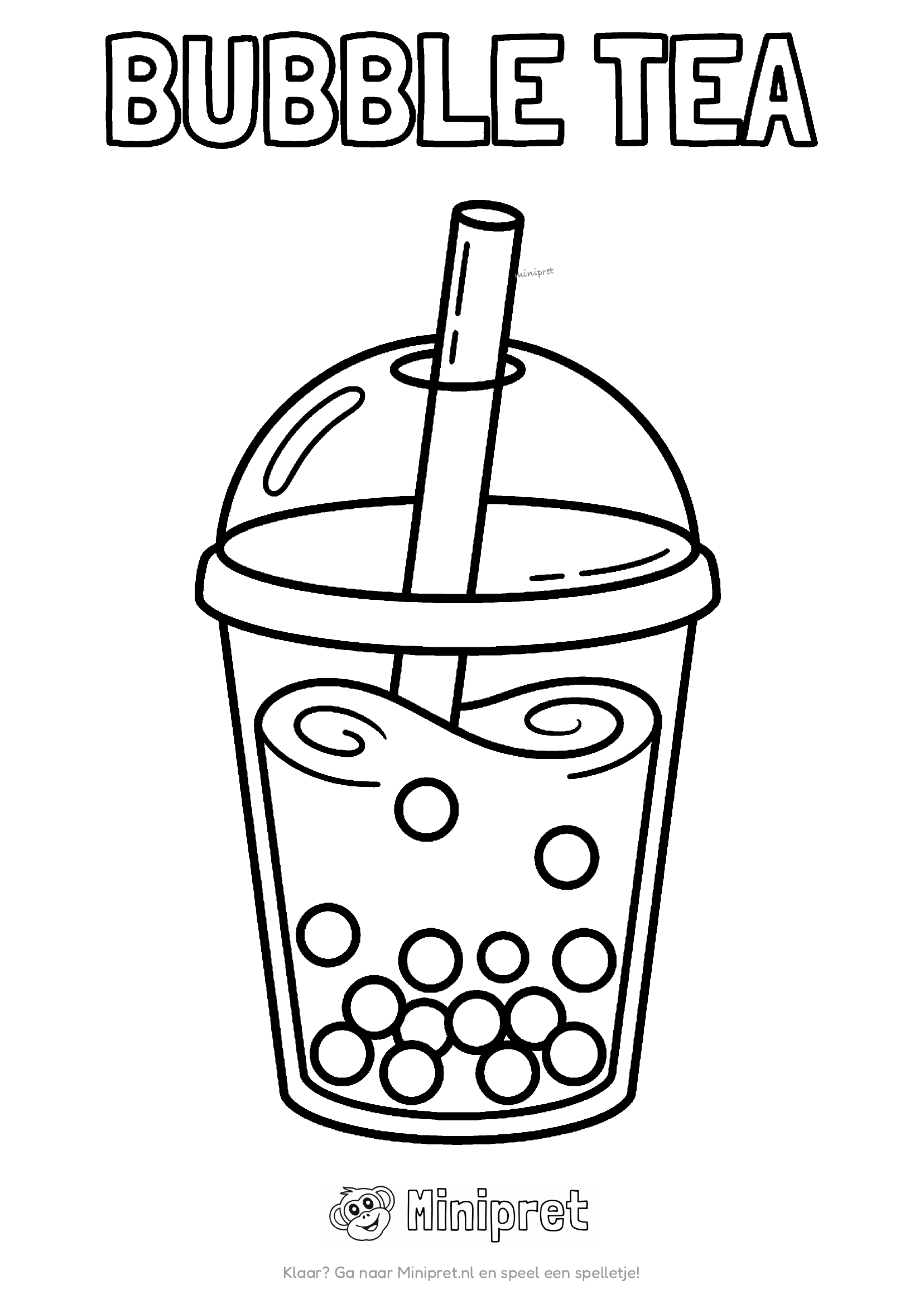 Bubble tea als kleurplaat: beker bubble tea met rietje en pareltjes op de bodem
