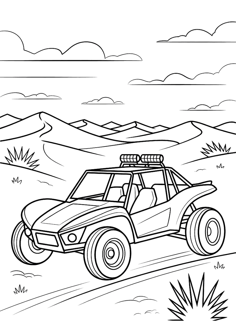 Kleurplaat van een buggy met rolbeugel die over ruige zandduinen in een droge woestijn rijdt