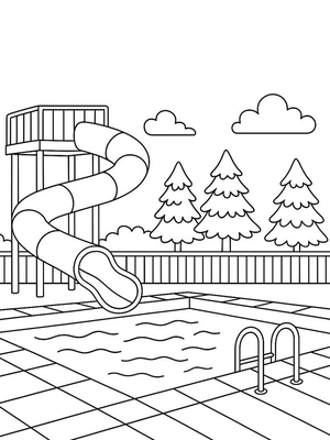 Buitenzwembad met glijbaan Kleurplaat — gratis kleurplaat