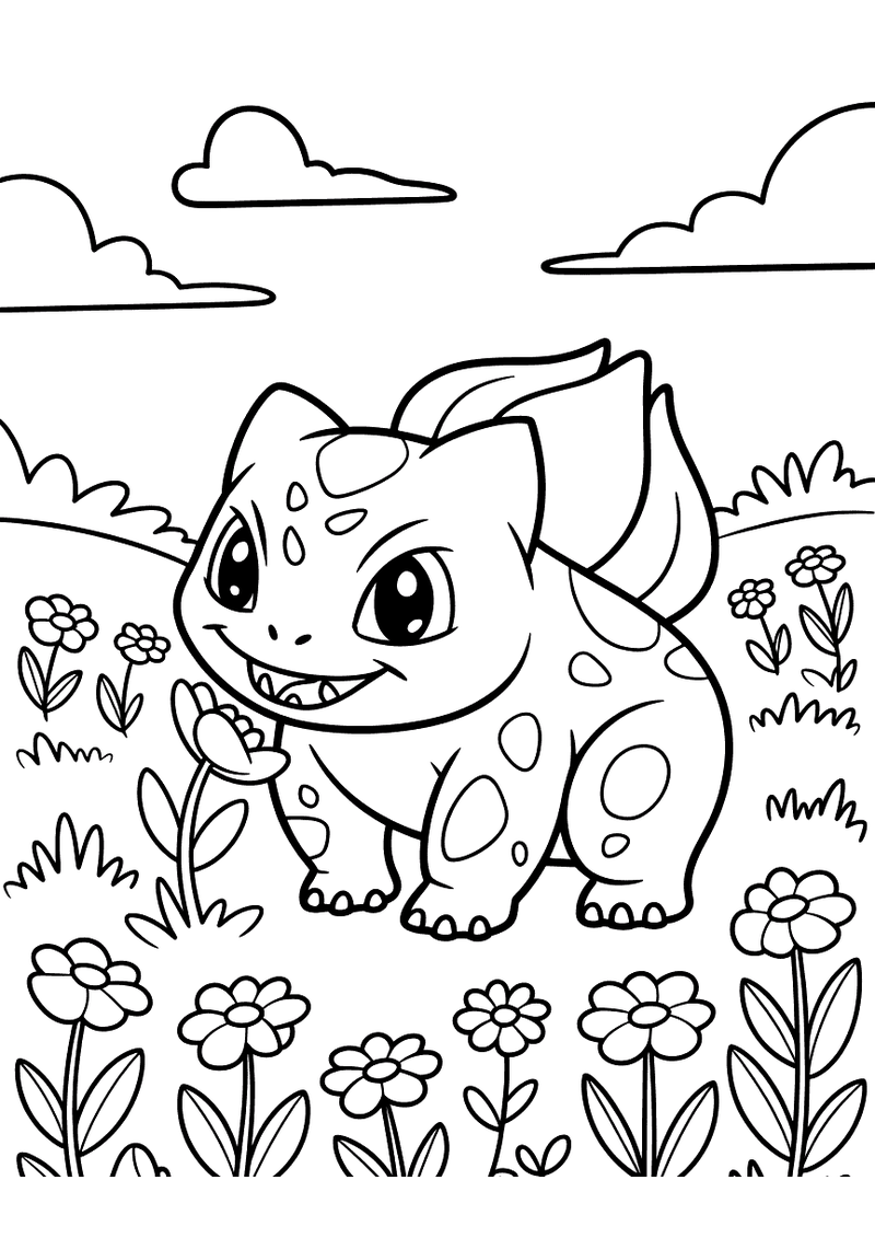 Bulbasaur in de bloementuin kleurplaat — gratis kleurplaat