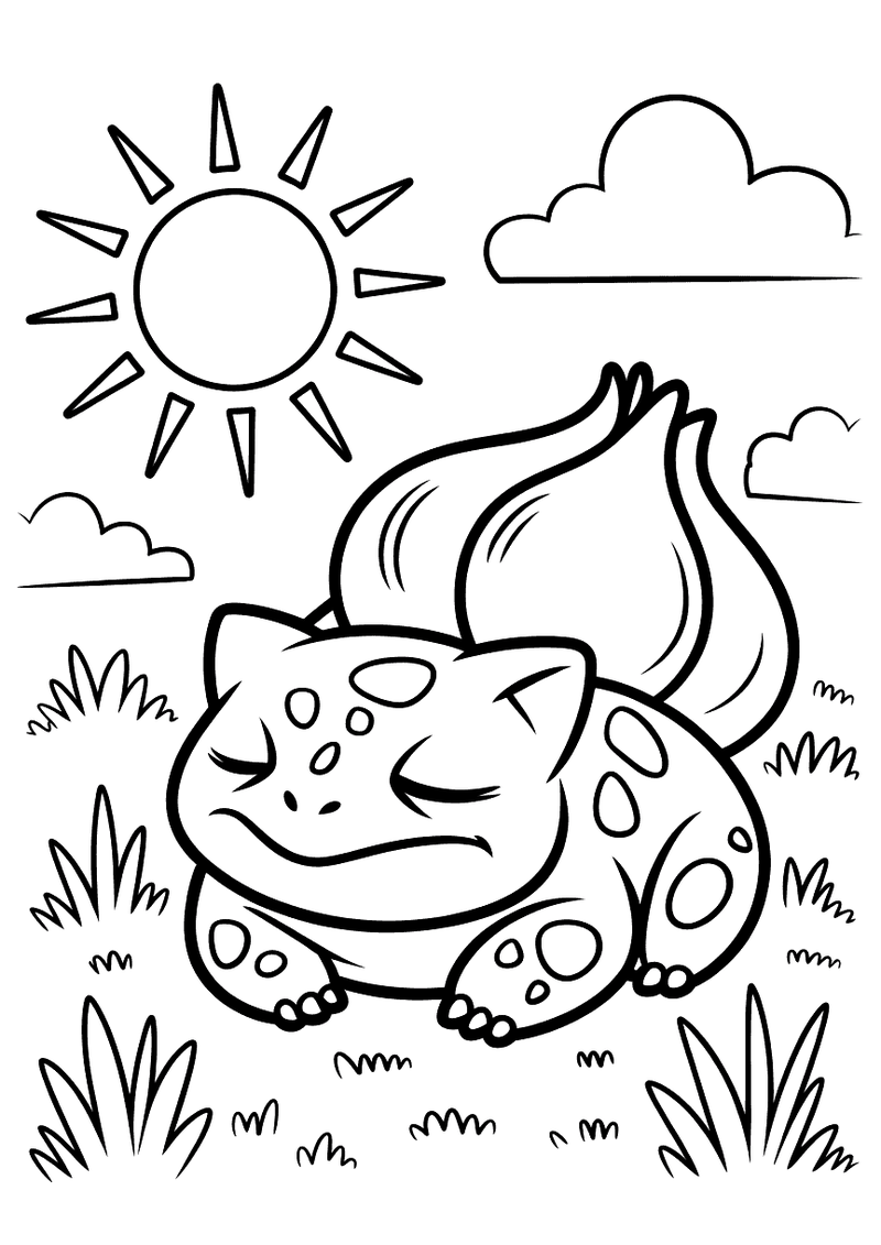 Bulbasaur zont in het gras kleurplaat — gratis kleurplaat