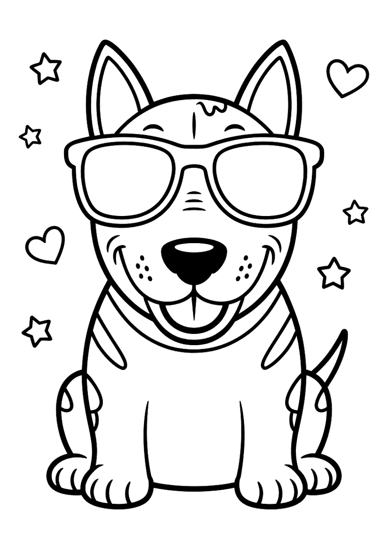 Kleurplaat van een bull terrier met een stoere uitstraling die ronde brillenglazen draagt