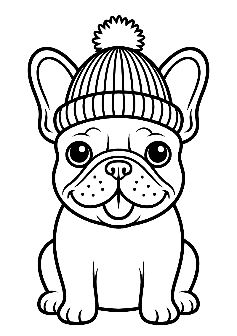 Kleurplaat van een zittende Franse Bulldog met grote oren die een gebreide muts met pompon op zijn hoofd draagt