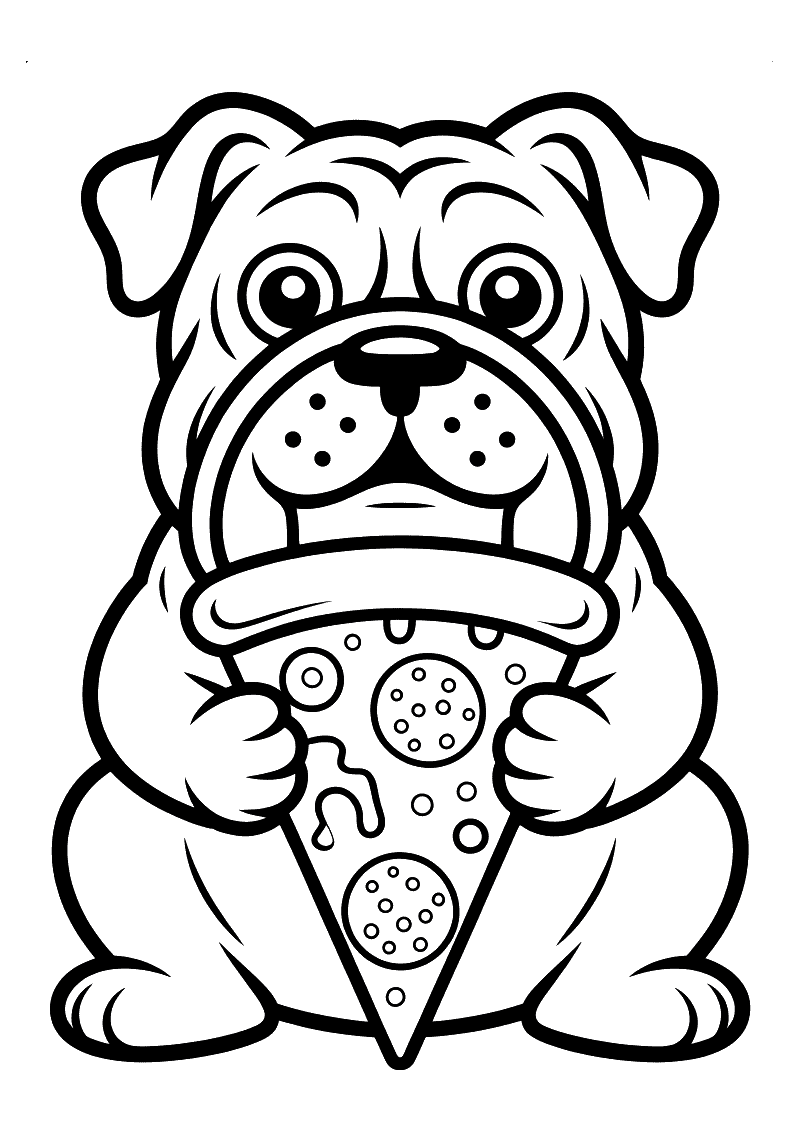 Kleurplaat van een grote Engelse Bulldog die met beide poten een punt pizza vasthoudt en er met zijn brede bek in bijt