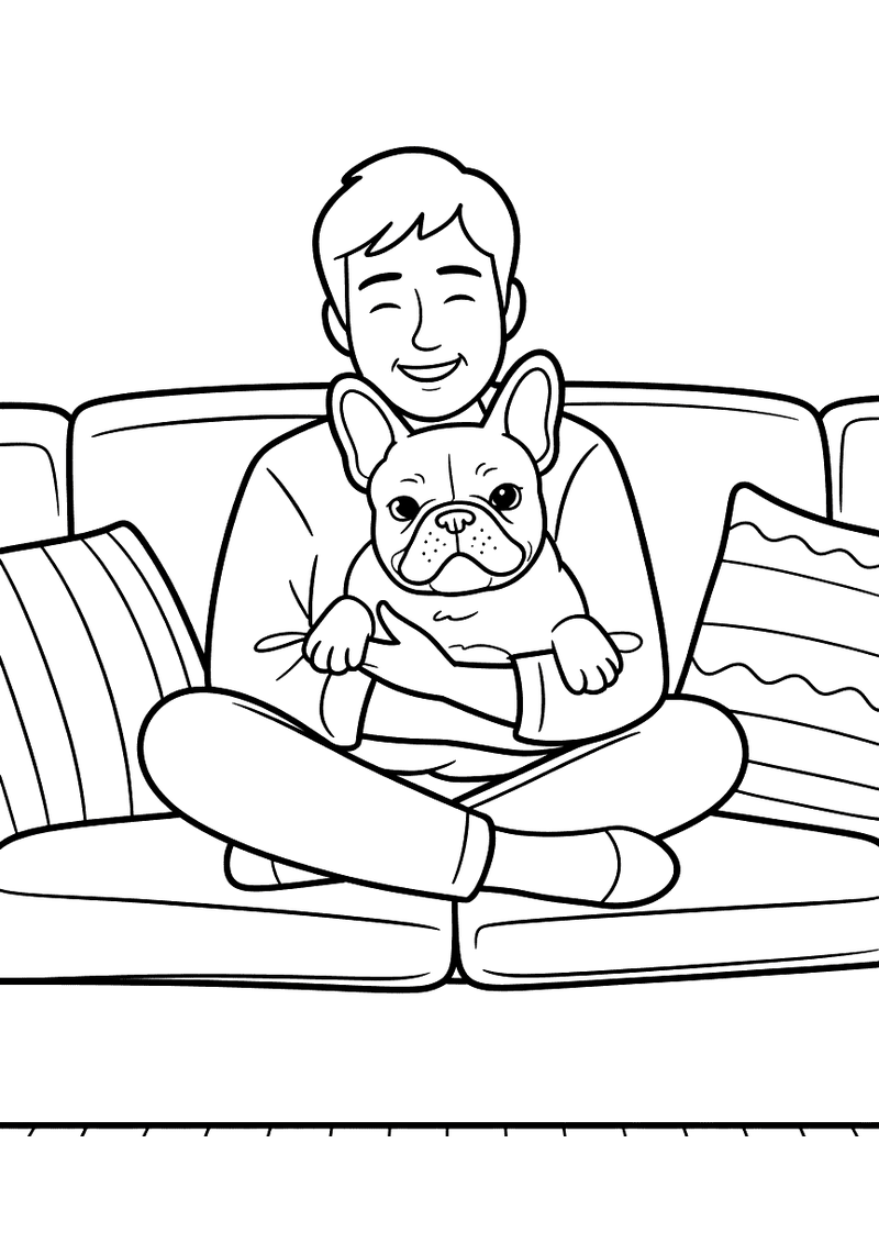 Kleurplaat van een man die op een bank met kussens zit en zijn Franse Bulldog knuffelt die op zijn schoot zit