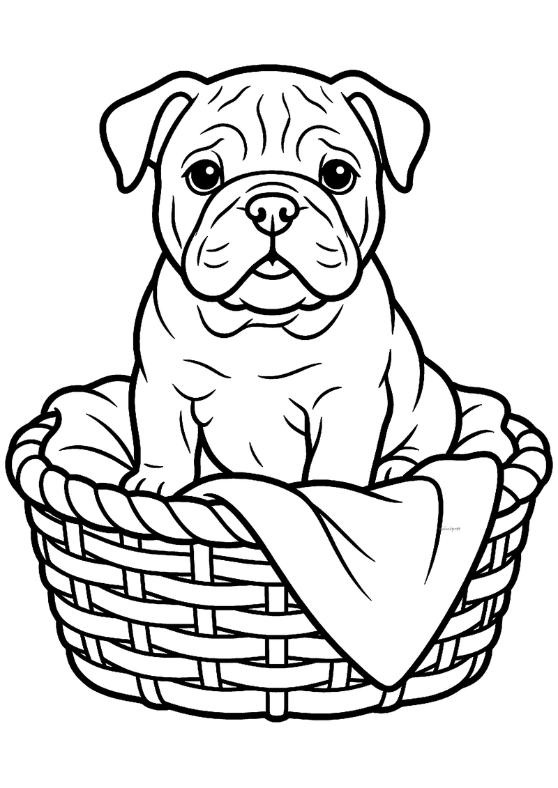 Kleurplaat van een bulldog puppy met rimpelsnuit en flaporen die in een gevlochten mand met een dekentje zit