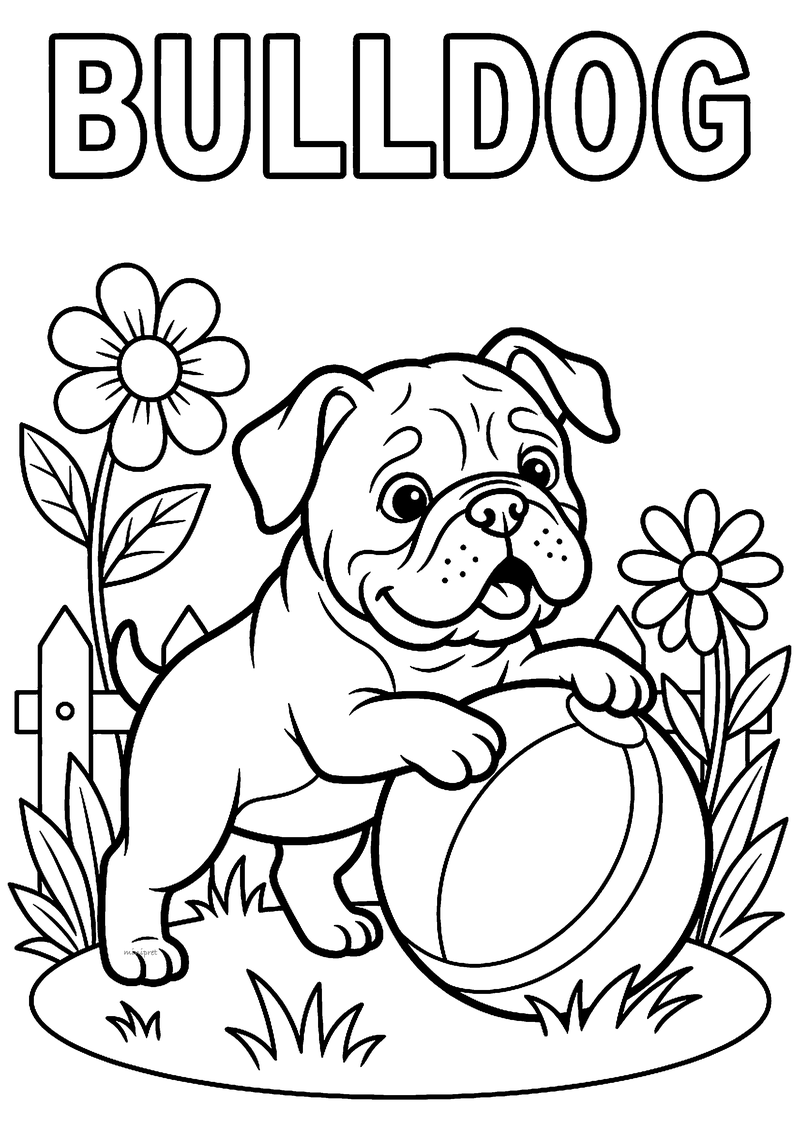 Kleurplaat van een gerimpelde bulldog met zijn pootjes op een gestreepte bal in de tuin tussen bloemen