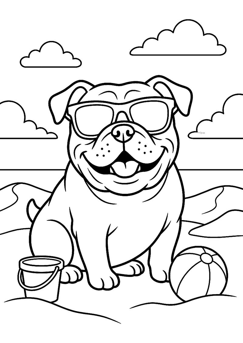 Kleurplaat van een lachende bulldog met zonnebril op het strand, met een emmertje en een strandbal in het zand