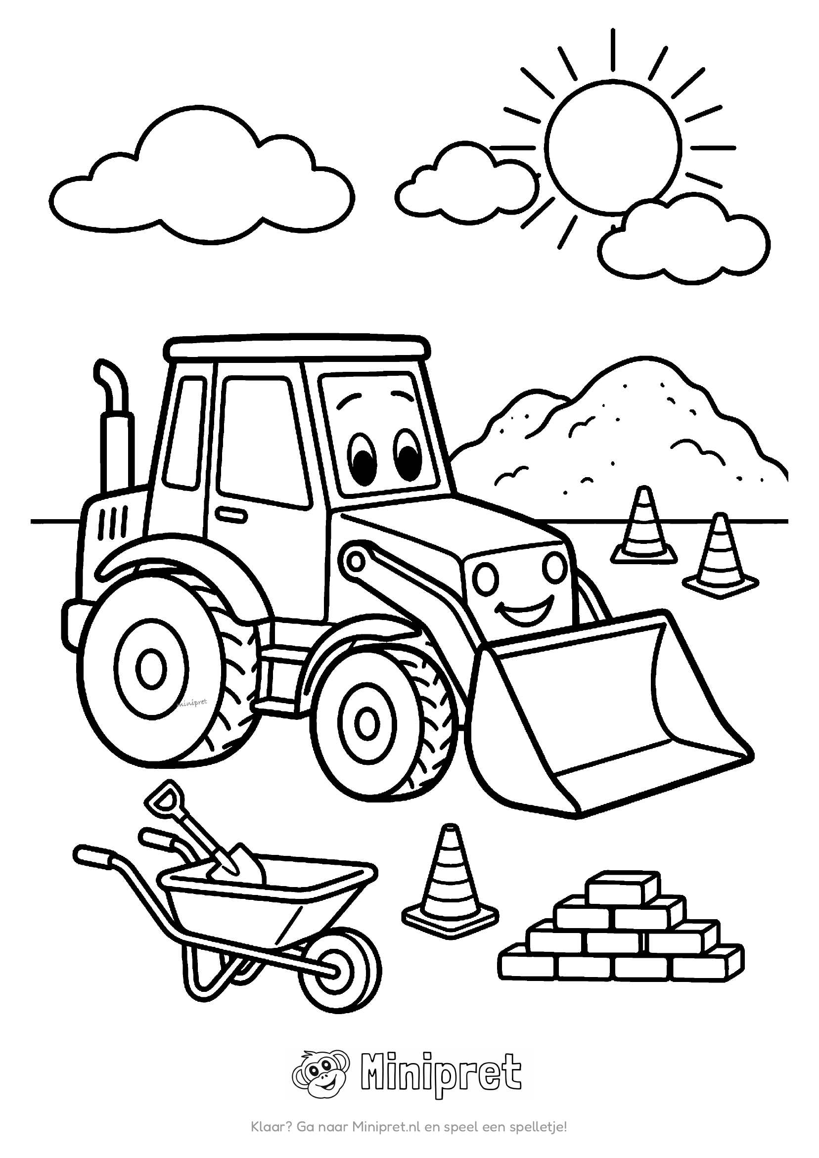 Vrolijke cartoon-bulldozer met grote schep op een bouwplaats met kruiwagen, pylonen en stapel bakstenen