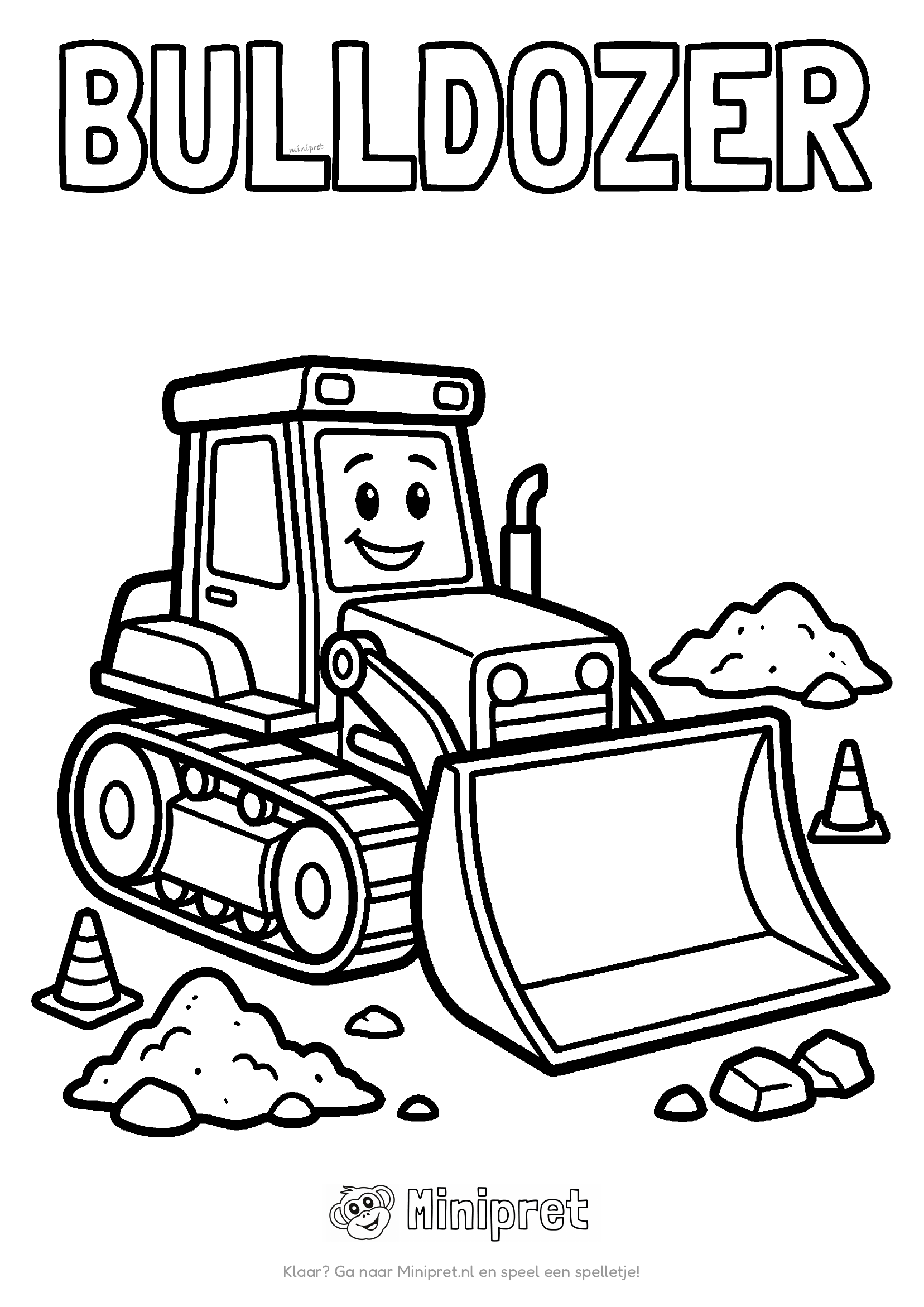 Cartoon-bulldozer met rupsbanden en schep tussen zandhopen, met het woord BULLDOZER in dikke letters erboven