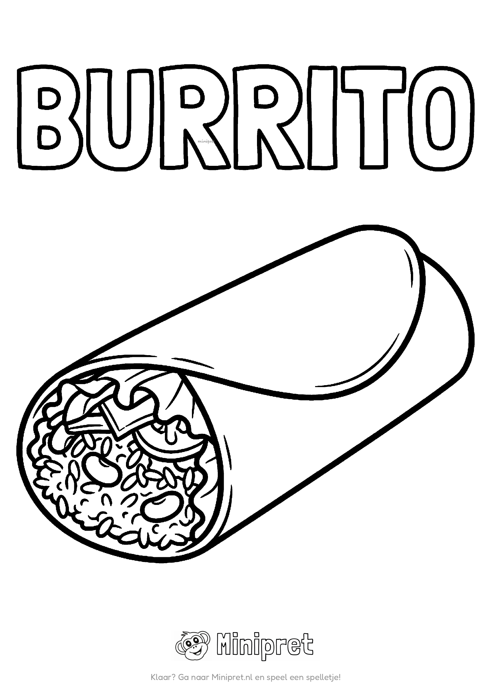 Burrito als kleurplaat: gerolde burrito met vulling die aan de uiteinden uitsteekt