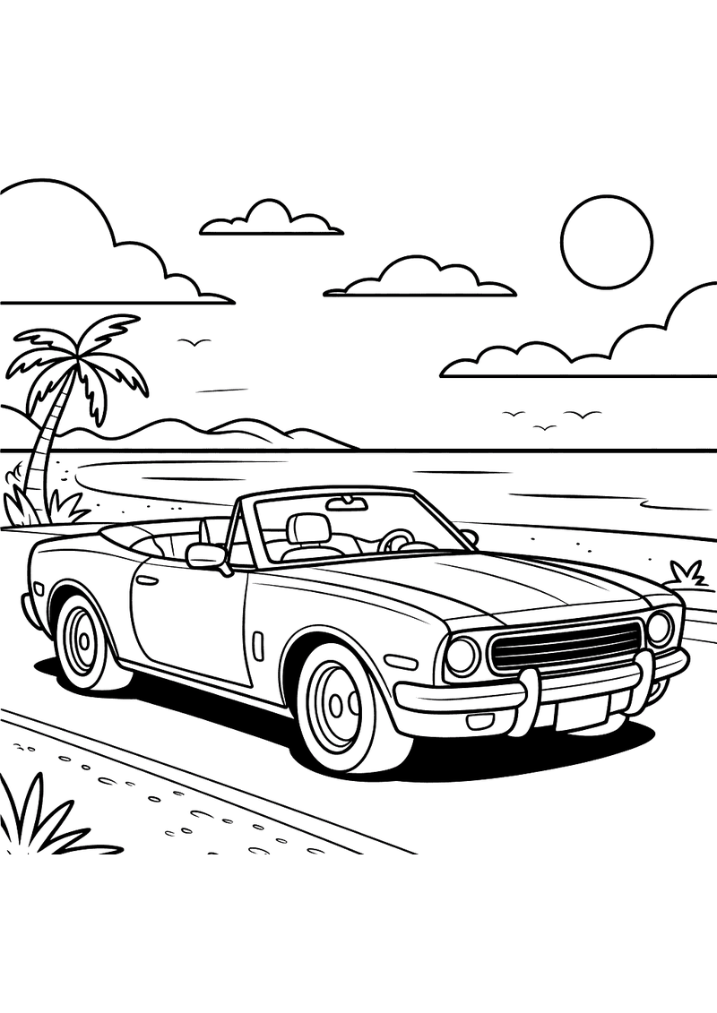 Kleurplaat van een klassieke cabrio geparkeerd langs een zandstrand met palmbomen, zee en een stralende zon
