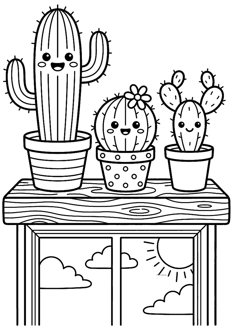 Kleurplaat van drie lachende cactussen in verschillende potjes op een houten vensterbank voor een raam met wolkjes