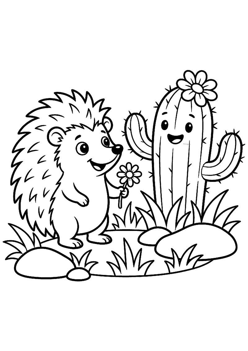 Kleurplaat van een lachende cactus met een bloem op zijn kop en een egel die een bloemetje vasthoudt