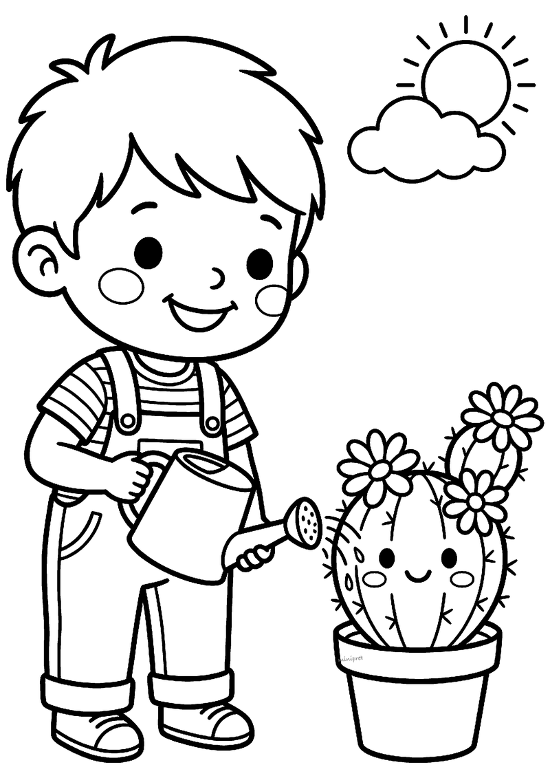 Kleurplaat van een jongen in tuinbroek die met een gieter een lachende bloeiende cactus in een pot water geeft