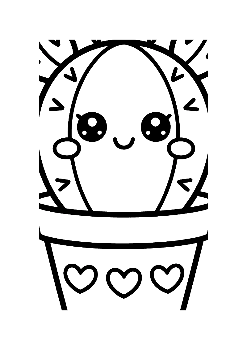 Kawaii kleurplaat van een ronde lachende cactus met stekels in een witte pot versierd met drie hartjes