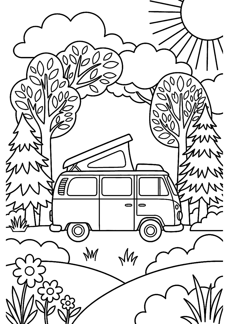 Camper in Natuur met Bomen Eromheen Kamperen Kleurplaat — gratis kleurplaat