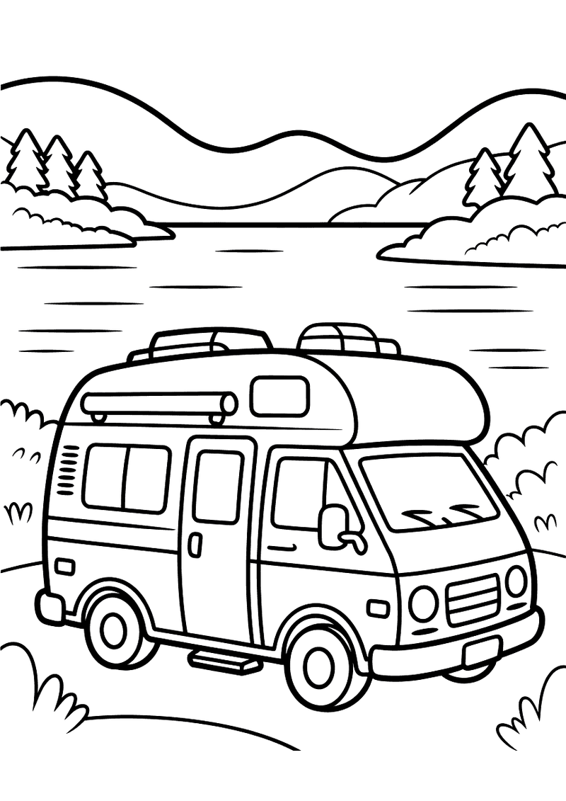Kleurplaat van een camper geparkeerd aan de oever van een meer met dennenbossen en bergtoppen op de achtergrond