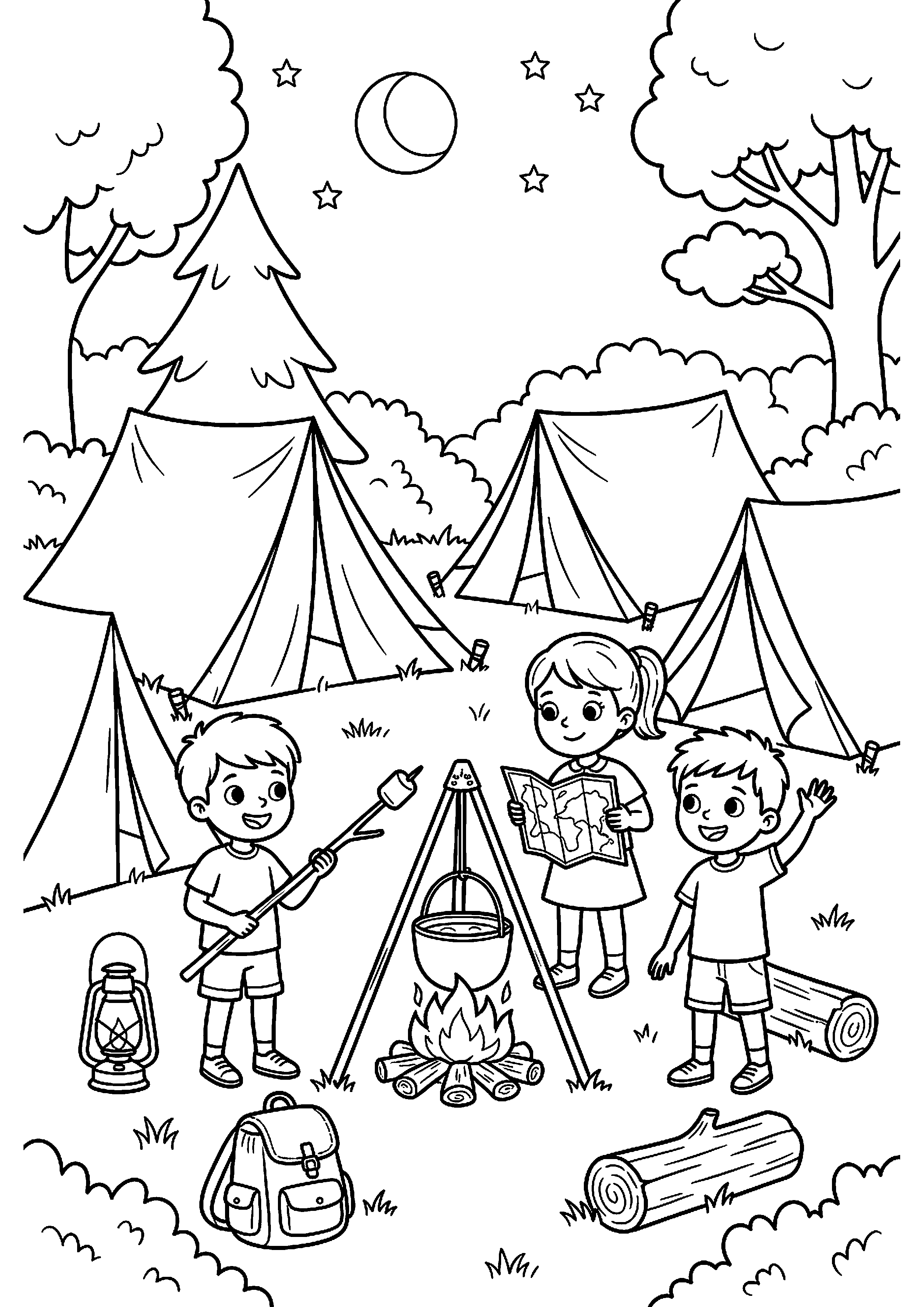 Camping met tenten en kinderen kleurplaat