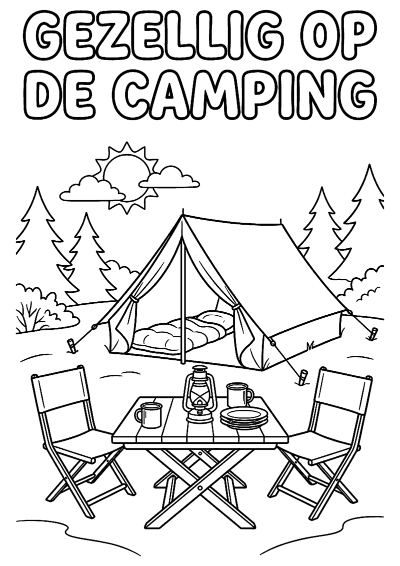 Campingtafel Stoeltjes en Tent met Tekst Gezellig op de Camping Kamperen Kleurplaat — gratis kleurplaat